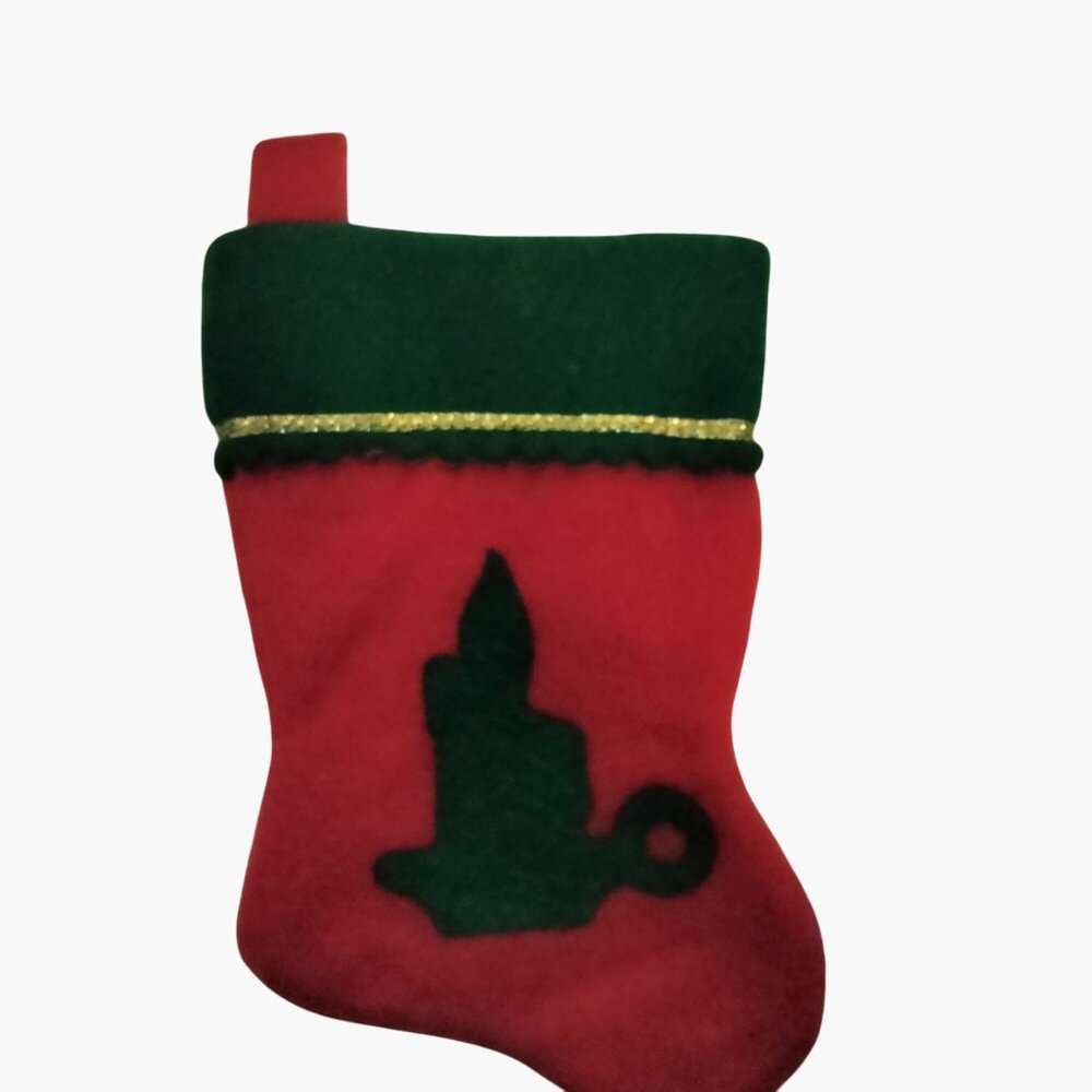 Mini Red Green Christmas Fleece Stocking Felt Candle Gold Trim 6 inch Ornament